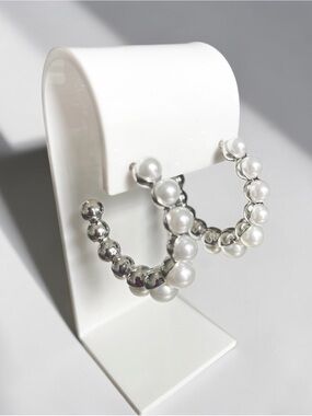 Silver Pearl Bead Hoop Earrings